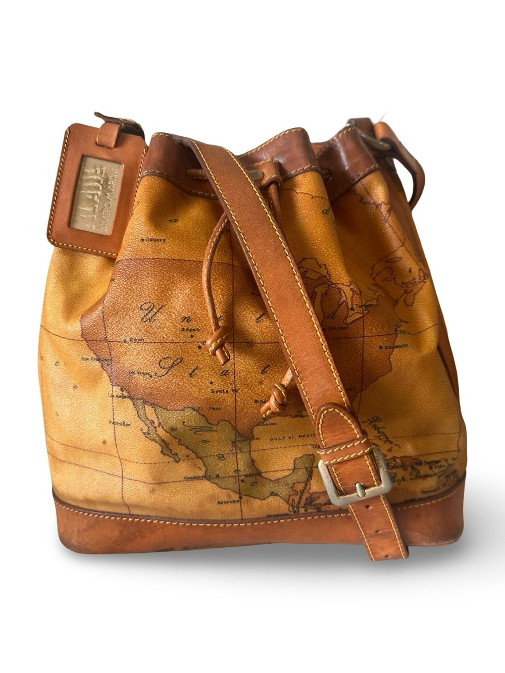 Alviero Martini Brown Map-Print Leather Bucket Bag